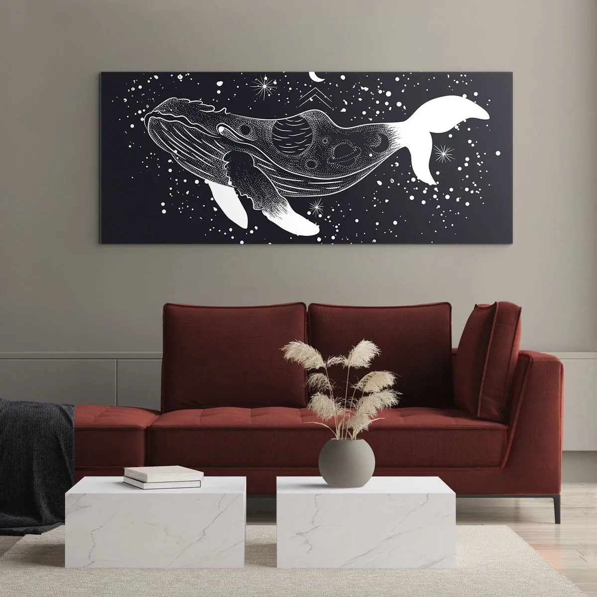 Cuadro sobre vidrio - Impresiones sobre Vidrio - Una ilustración gráfica de una ballena en estilo espacial. - 120x50cm - En el océano del universo - Decoración de pared moderna para salón y dormitorio ARTTOR