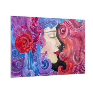 Cuadro sobre vidrio - Impresiones sobre Vidrio - Retrato colorido de una mujer en estilo Art Nouveau con rica ornamentación. - 100x70cm - Inspiración en rojo y violeta - Decoración de pared moderna para salón y dormitorio ARTTOR