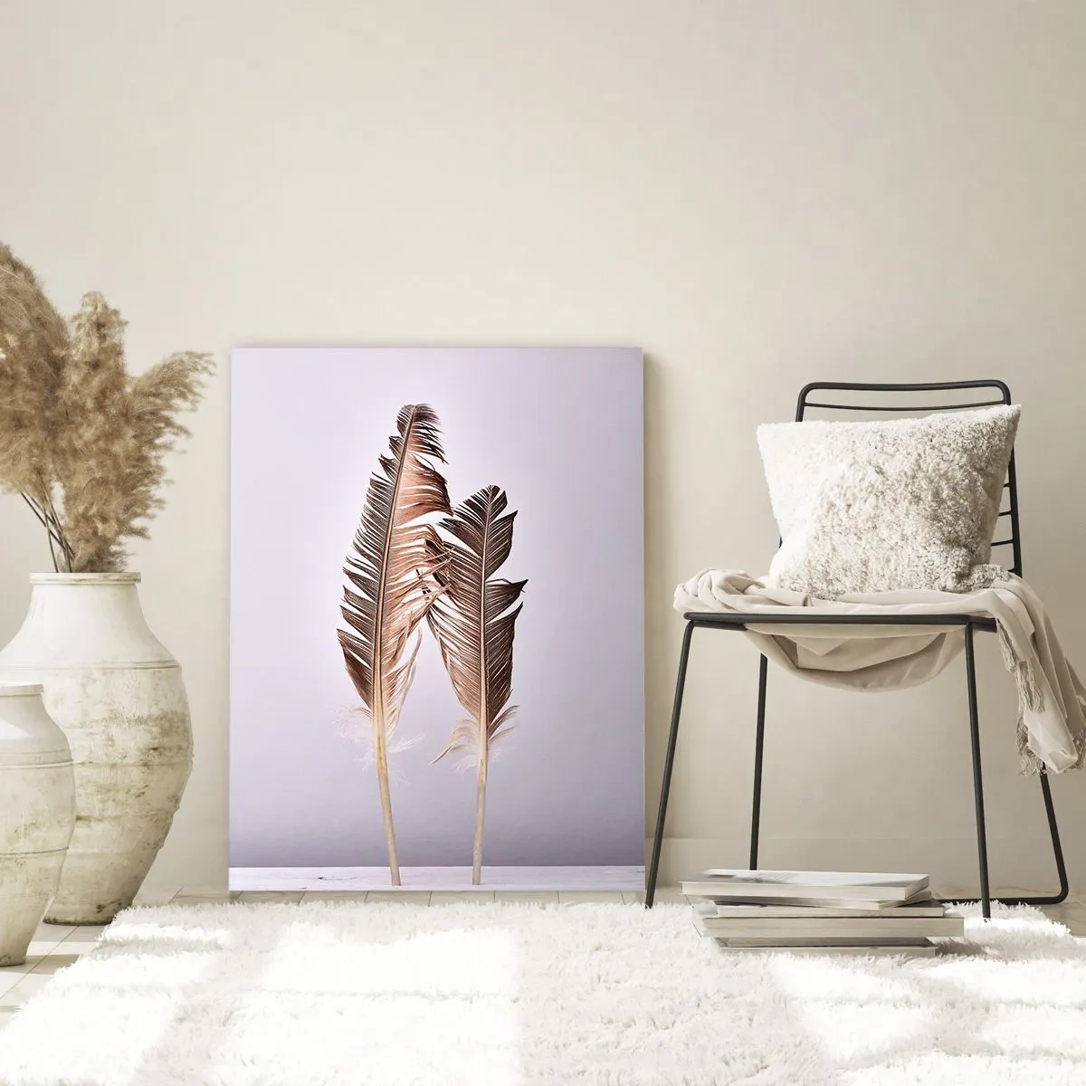 Cuadro sobre vidrio - Impresiones sobre Vidrio - Dos delicadas plumas sobre un fondo claro. - 50x70cm - Contra la nada - Decoración de pared moderna para salón y dormitorio ARTTOR
