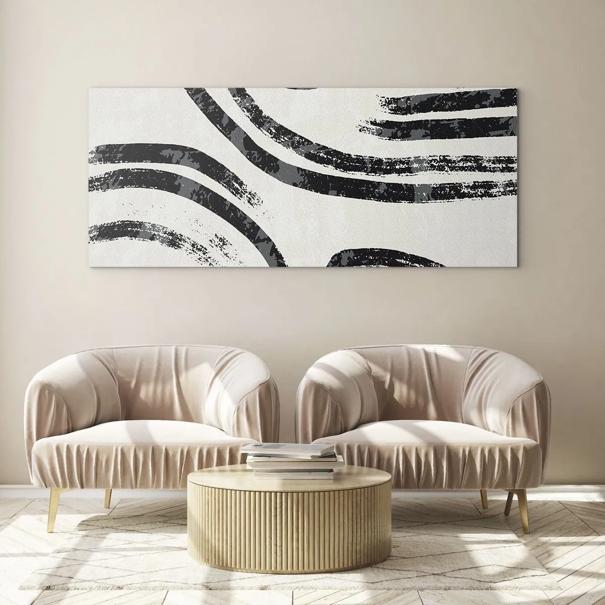 Cuadro sobre vidrio - Impresiones sobre Vidrio - Líneas abstractas en blanco y negro sobre un fondo claro - 160x50cm - A medias - Decoración de pared moderna para salón y dormitorio ARTTOR
