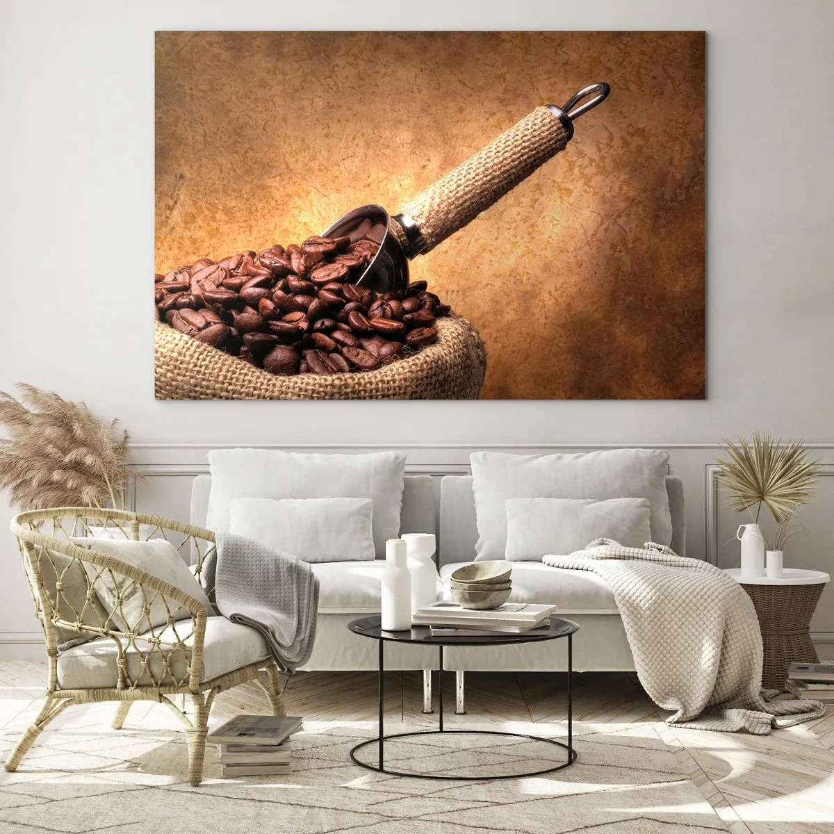 Cuadro sobre vidrio - Impresiones sobre Vidrio - Granos de café en una bolsa de yute con una cuchara de metal. - 120x80cm - En la fuente del sabor - Decoración de pared moderna para salón y dormitorio ARTTOR