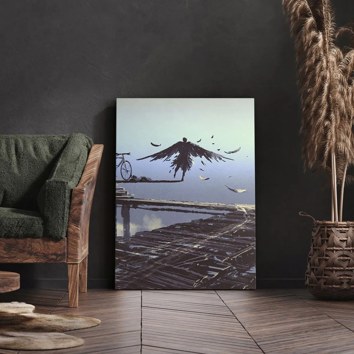 Cuadro sobre lienzo - Impresión de Imagen - Una figura con plumas flota sobre un puente de madera al lado de una bicicleta. - 70x100cm - Ícaro eternamente vivo - Decoración de pared moderna para salón y dormitorio ARTTOR