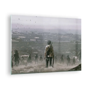 Cuadro sobre vidrio - Impresiones sobre Vidrio - Una figura con un rifle en el oscuro escenario de un grupo que se acerca. - 70x50cm - Soy leyenda - Decoración de pared moderna para salón y dormitorio ARTTOR