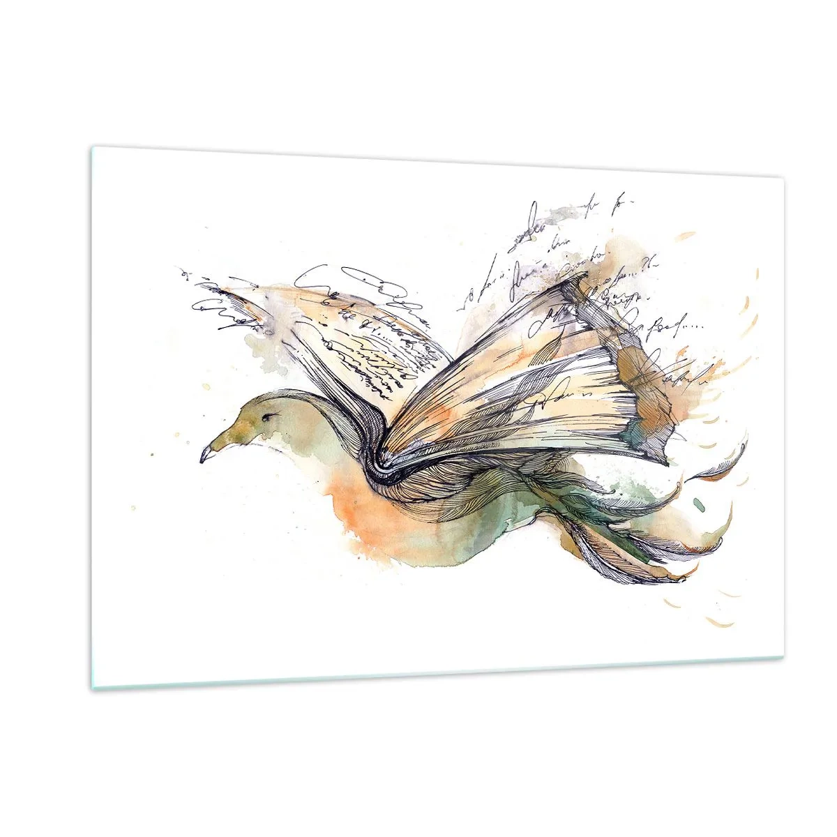 Cuadro sobre vidrio - Impresiones sobre Vidrio - Un pájaro de un libro desenrollado, una metáfora artística del conocimiento. - 120x80cm - En las alas de la poesía - Decoración de pared moderna para salón y dormitorio ARTTOR