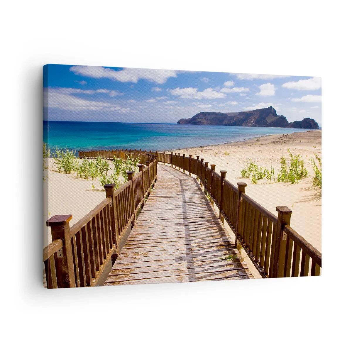 Cuadro sobre lienzo - Impresión de Imagen - Camino de madera que conduce a la playa con vistas al mar. - 70x50cm - Llévame a la isla de la felicidad - Decoración de pared moderna para salón y dormitorio ARTTOR
