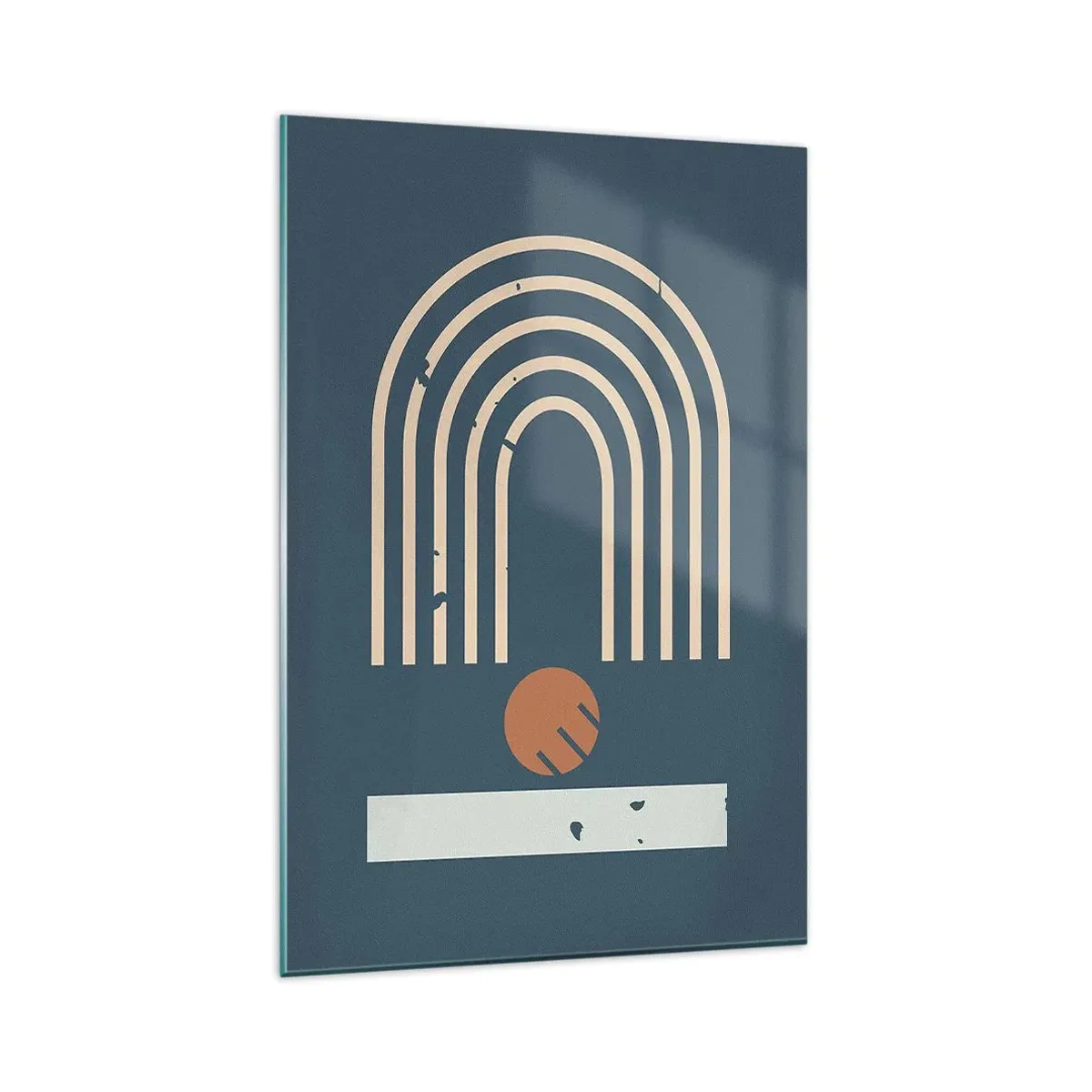 Cuadro sobre vidrio - Impresiones sobre Vidrio - Patrón geométrico en tonos azul marino, beige y naranja sobre un fondo oscuro. - 80x120cm - Geometría sobre azul marino - Decoración de pared moderna para salón y dormitorio ARTTOR