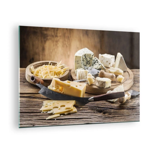 Cuadro sobre vidrio - Impresiones sobre Vidrio - Tabla de quesos con cuchillo sobre mesa rústica - 70x50cm - Degustación de quesos - Decoración de pared moderna para salón y dormitorio ARTTOR
