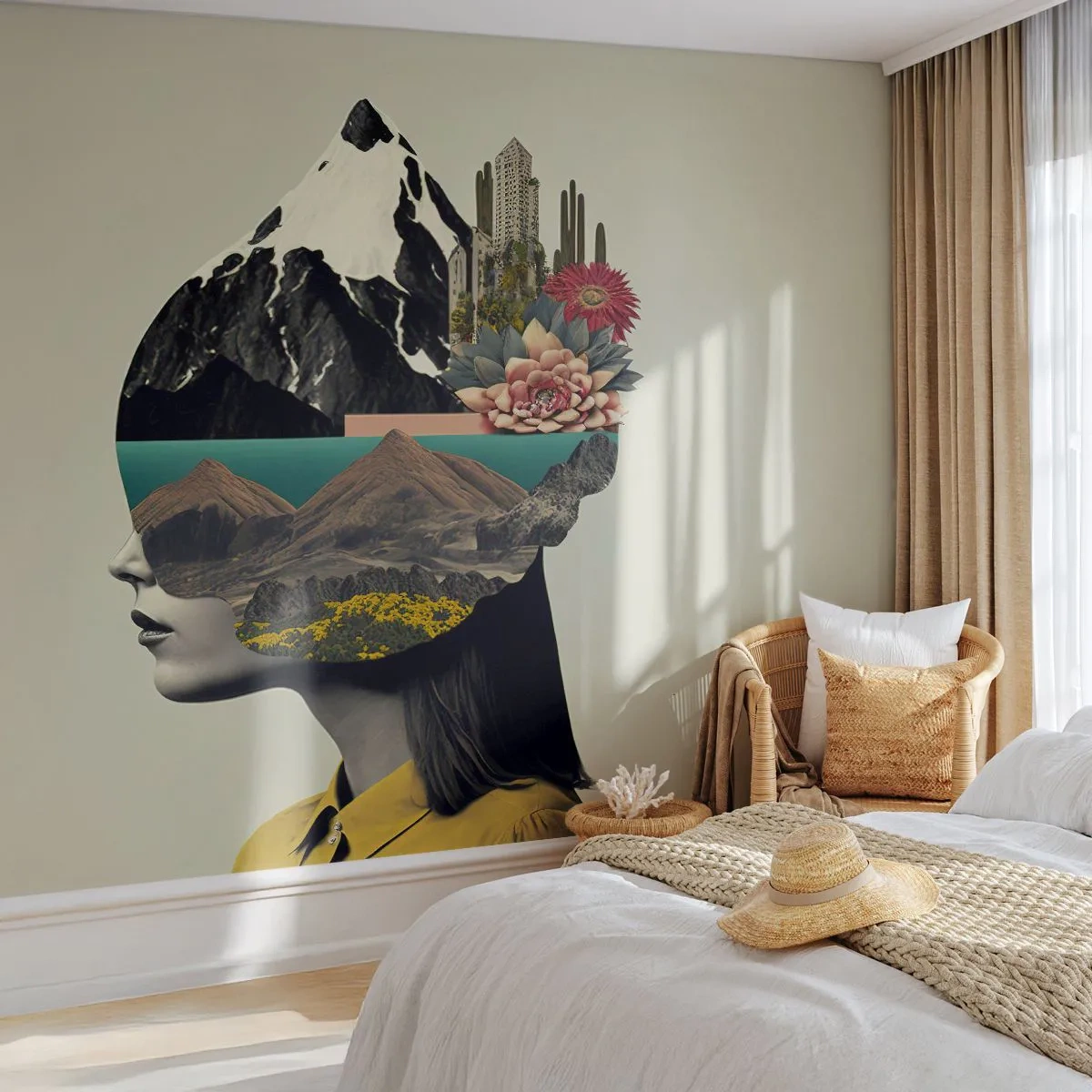 Fotomural Premium Canvas - Collage de una mujer con un paisaje de montaña y flores. - 100x70cm - La mujer, siempre un misterio - Decoración de pared moderna para salón y dormitorio ARTTOR