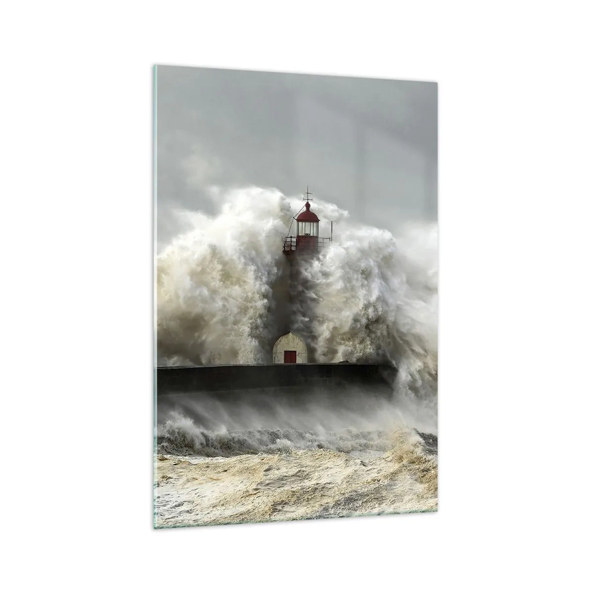 Cuadro sobre vidrio - Impresiones sobre Vidrio - Un faro rodeado de fuertes olas durante una tormenta. - 70x100cm - La furia del océano - Decoración de pared moderna para salón y dormitorio ARTTOR