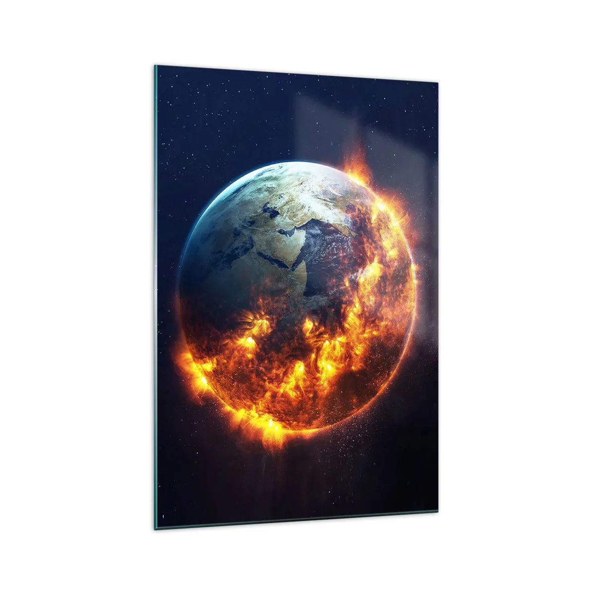 Cuadro sobre vidrio - Impresiones sobre Vidrio - El planeta Tierra en llamas en el espacio exterior - 70x100cm - La llama del apocalipsis - Decoración de pared moderna para salón y dormitorio ARTTOR