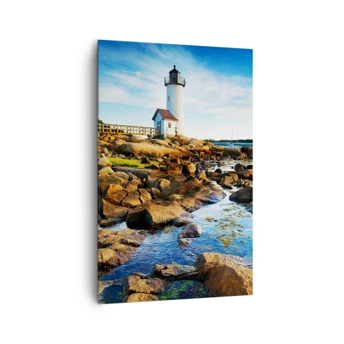 Cuadro sobre lienzo - Impresión de Imagen - Un faro en una costa rocosa en un día soleado. - 80x120cm - Esperando vuestro regreso - Decoración de pared moderna para salón y dormitorio ARTTOR