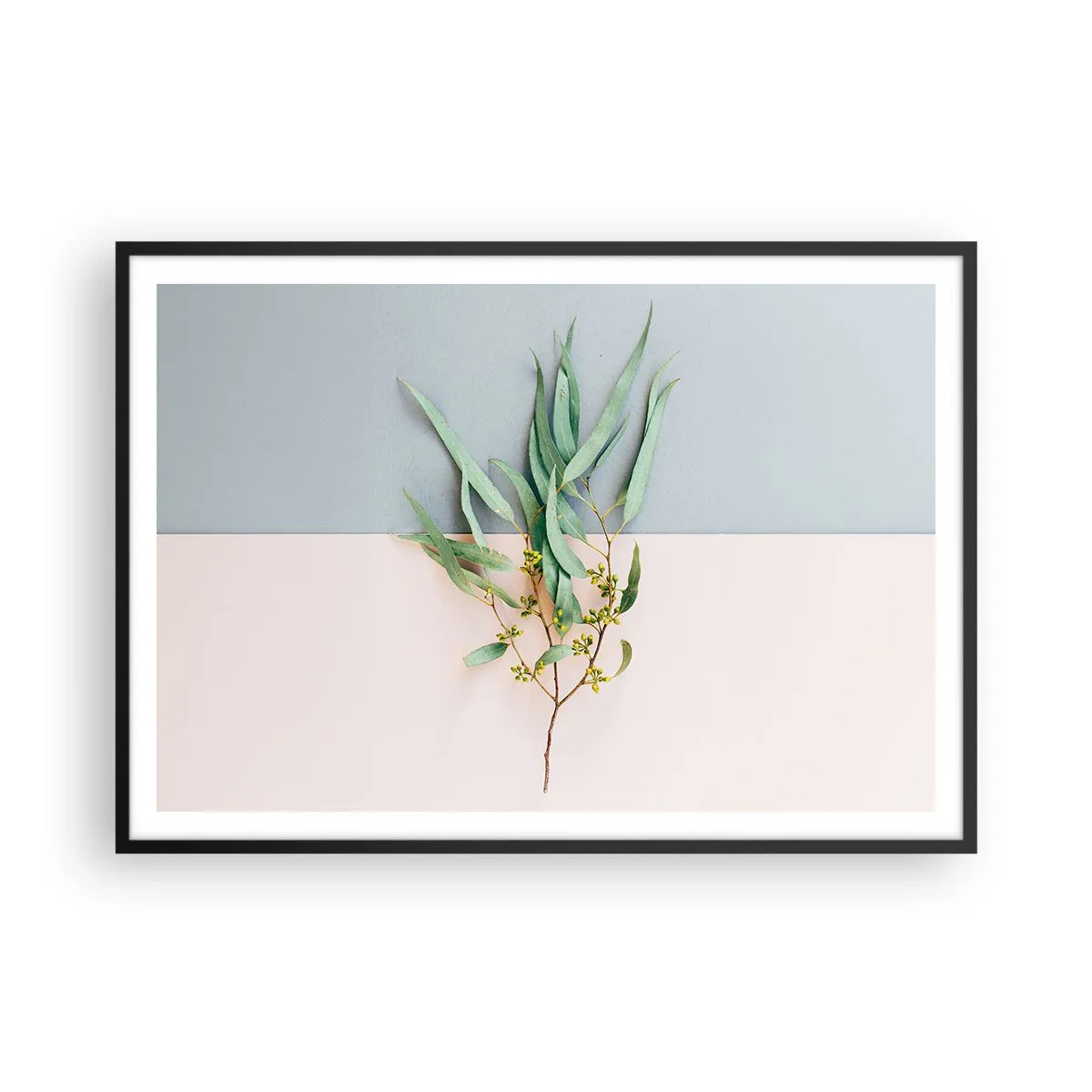 Póster en marco negro - Una rama con hojas sobre un fondo de tonos pastel. - 100x70cm - La sutileza del pastel - Decoración de pared moderna para salón y dormitorio ARTTOR