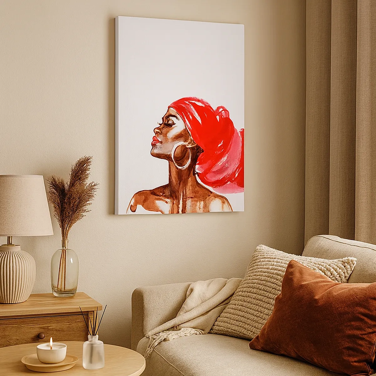 Cuadro sobre lienzo - Impresión de Imagen - Perfil de una mujer con turbante rojo y pendientes - 50x70cm - Aroma que te hace sentir - Decoración de pared moderna para salón y dormitorio ARTTOR