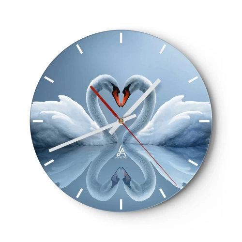 Reloj de pared - Reloj de vidrio - Una pareja de cisnes formando un corazón en una superficie de agua tranquila. - 30x30cm - Tiempo de amor - Decoración de pared moderna para salón, cocina y dormitorio ARTTOR