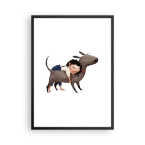 Póster en marco negro - Ilustración de un niño abrazando a un perro sobre un fondo blanco. - 50x70cm - Mejores amigos - Decoración de pared moderna para salón y dormitorio ARTTOR