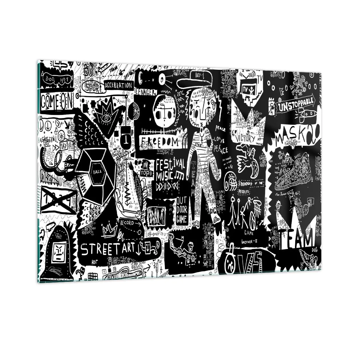 Cuadro sobre vidrio - Impresiones sobre Vidrio - Gráficos de estilo arte callejero en blanco y negro con personajes y símbolos. - 120x80cm - La juventud espiritual de la ley y la alegría - Decoración de pared moderna para salón y dormitorio ARTTOR