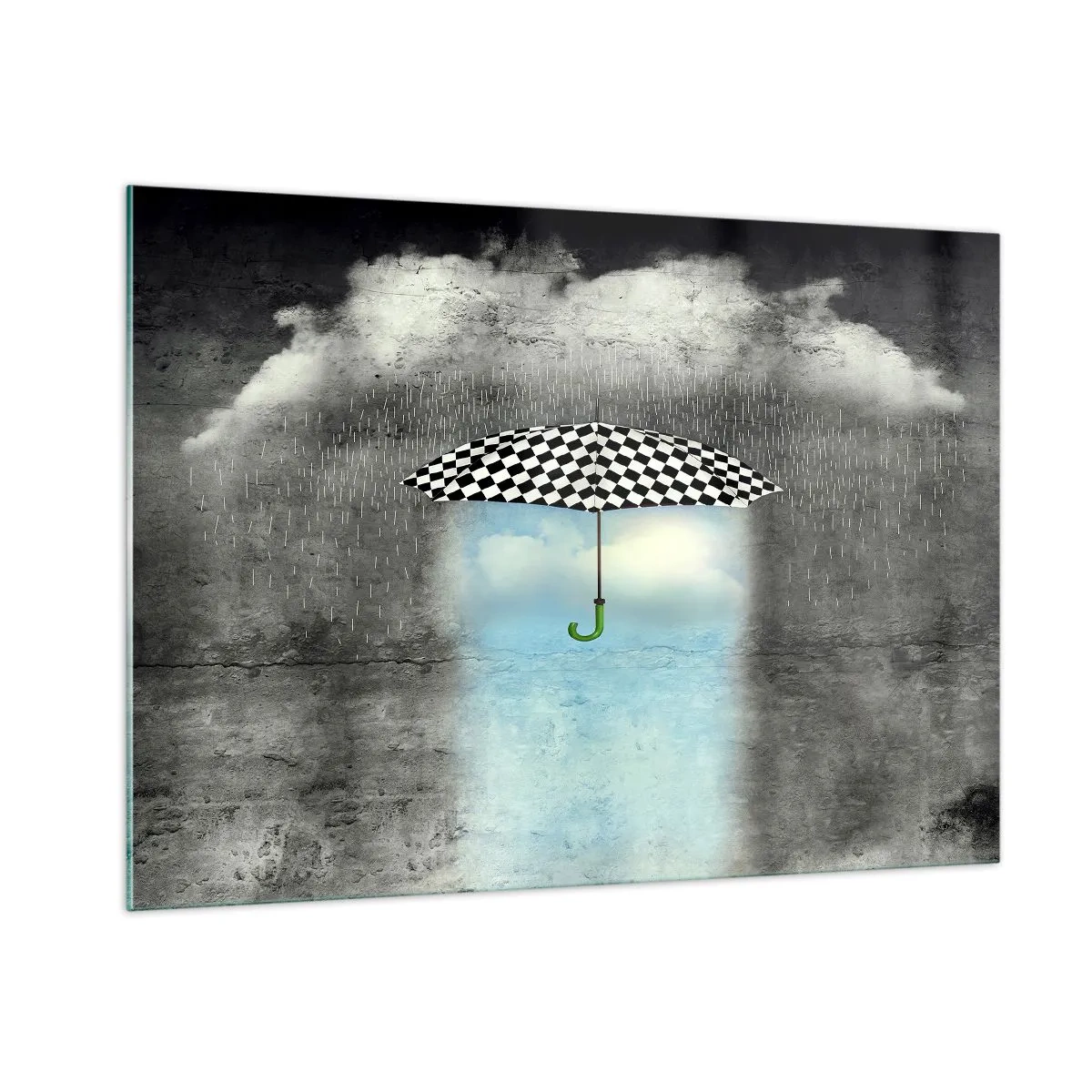 Cuadro sobre vidrio - Impresiones sobre Vidrio - Un paraguas a cuadros blancos y negros sobre un fondo de lluvia y nubes. - 100x70cm - Y sin embargo, es posible - Decoración de pared moderna para salón y dormitorio ARTTOR
