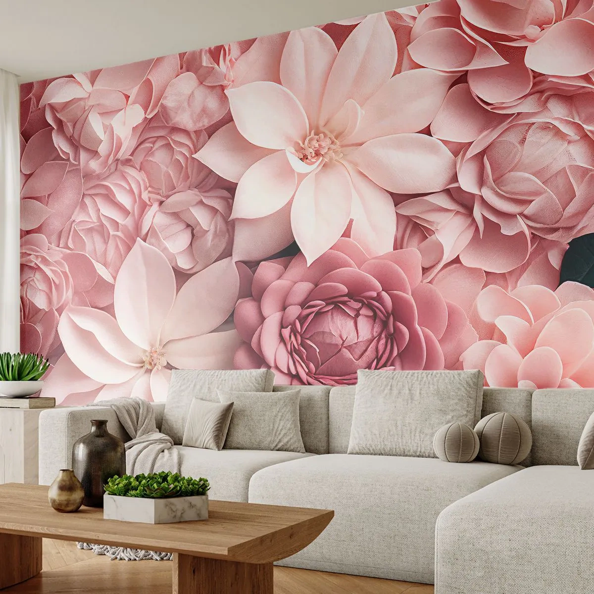 Fotomural Premium Sand - Flores en tonos rosa en una composición decorativa. - 100x70cm - Entre pétalos rosas - Decoración de pared moderna para salón y dormitorio ARTTOR