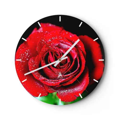 Reloj de pared - Reloj de vidrio - Una rosa roja cubierta de gotas de rocío. - 30x30cm - Eso es el amor - Decoración de pared moderna para salón, cocina y dormitorio ARTTOR