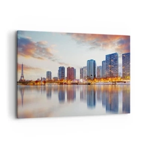 Cuadro sobre lienzo - Impresión de Imagen - Panorama de edificios modernos y la Torre Eiffel sobre el agua - 100x70cm - La calma monumental de París - Decoración de pared moderna para salón y dormitorio ARTTOR