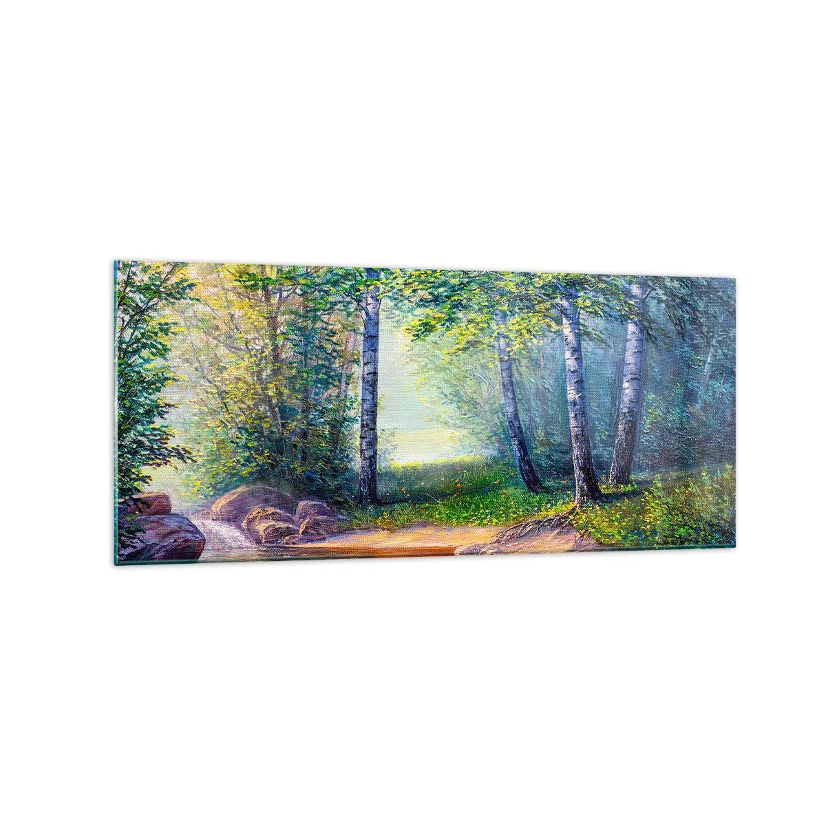 Cuadro sobre vidrio - Impresiones sobre Vidrio - Un arroyo forestal rodeado de abedules y sol. - 120x50cm - Paisaje idílico - Decoración de pared moderna para salón y dormitorio ARTTOR