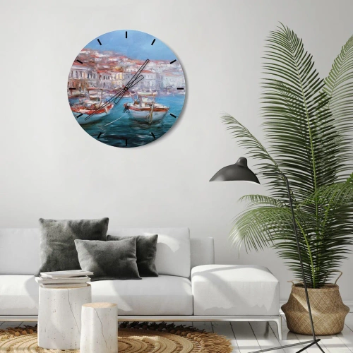 Reloj de pared - Reloj de vidrio - Un puerto pintoresco con barcos de estilo impresionista. - 30x30cm - Bahía italiana - Decoración de pared moderna para salón, cocina y dormitorio ARTTOR
