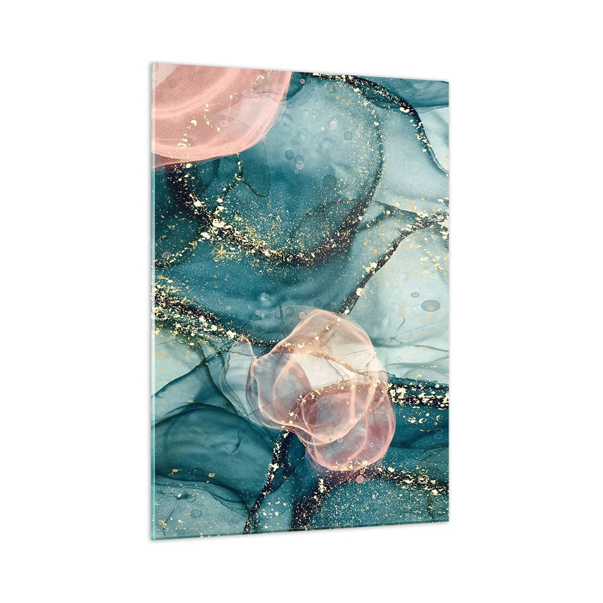 Cuadro sobre vidrio - Impresiones sobre Vidrio - Formas abstractas en azul y rosa con detalles dorados. - 50x70cm - Seda azul, tul rosa - Decoración de pared moderna para salón y dormitorio ARTTOR