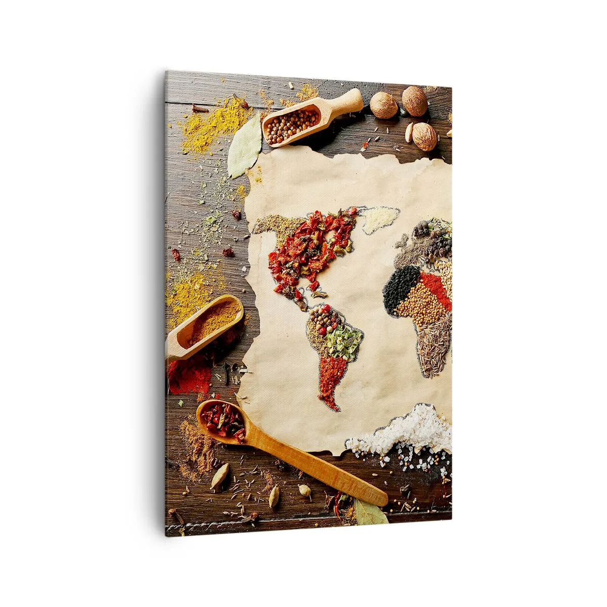 Cuadro sobre lienzo - Impresión de Imagen - Un mapa del mundo hecho de especias sobre un fondo de madera. - 70x100cm - Todos los sabores del mundo - Decoración de pared moderna para salón y dormitorio ARTTOR