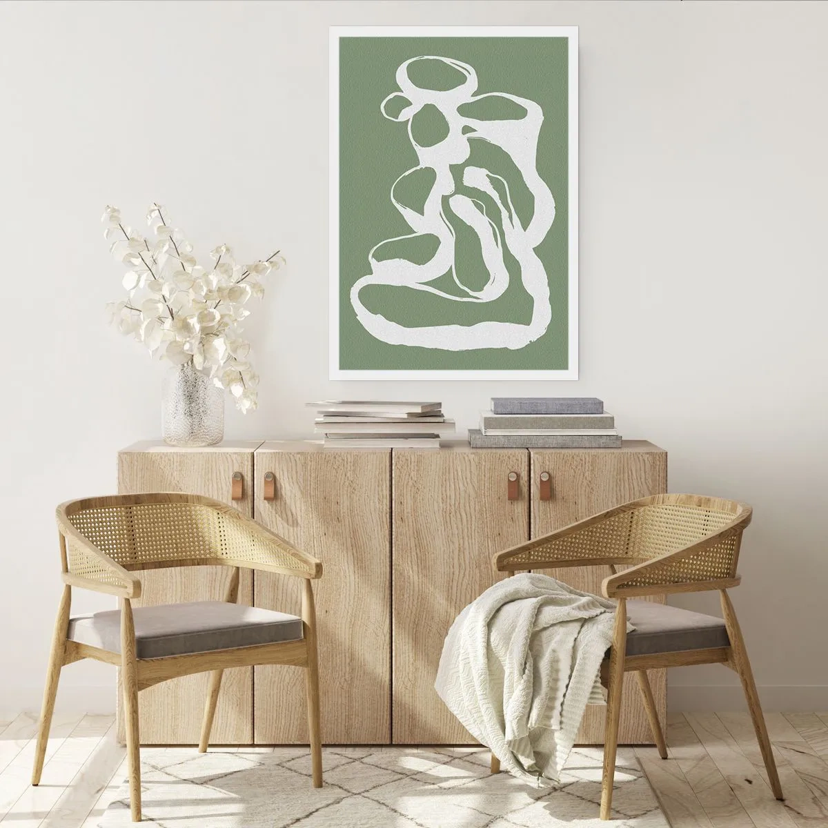 Póster - Composición abstracta blanca sobre fondo verde - 50x70cm - La llamada del espacio - Decoración de pared moderna para salón y dormitorio ARTTOR