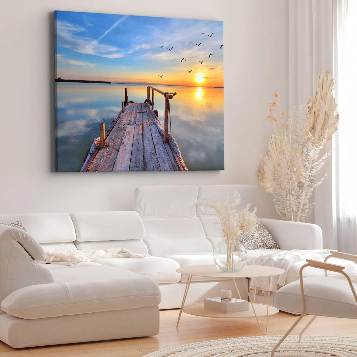 Cuadro sobre lienzo - Impresión de Imagen - Muelle de madera al atardecer en un lago tranquilo - 70x50cm - Caminando hacia el sol - Decoración de pared moderna para salón y dormitorio ARTTOR