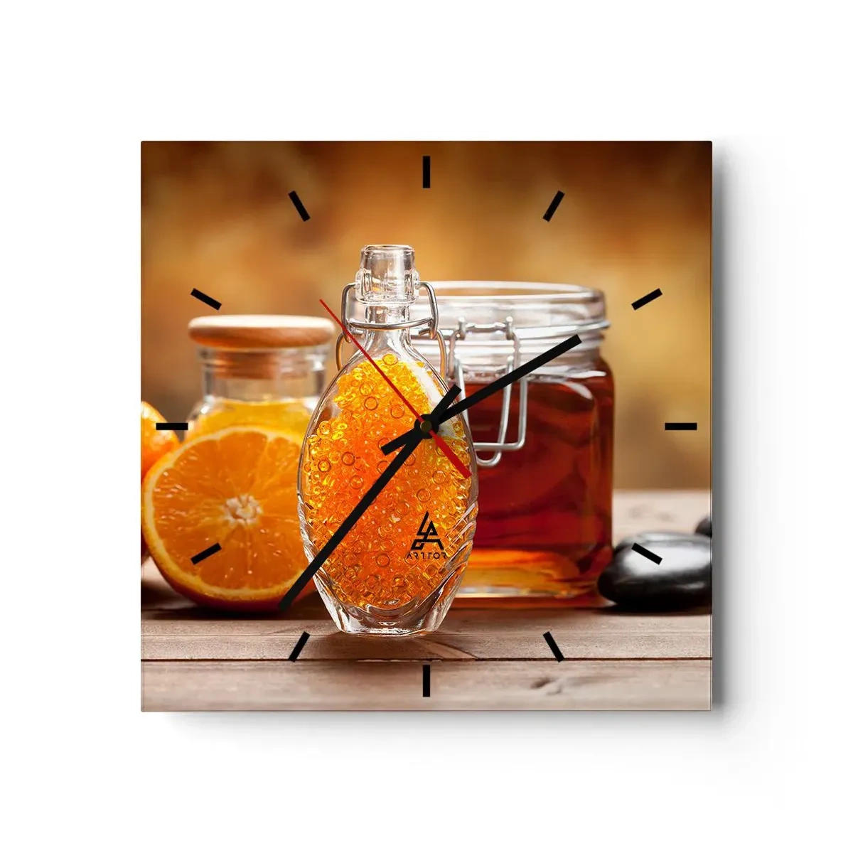 Reloj de pared - Reloj de vidrio - Una botella de líquido ámbar y naranjas frescas. - 30x30cm - Sabores y aromas soleados - Decoración de pared moderna para salón y dormitorio ARTTOR