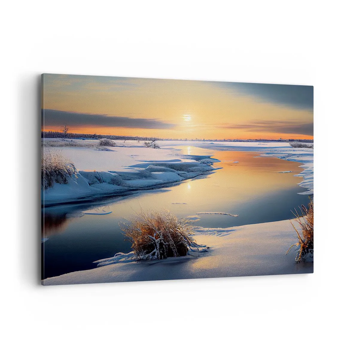 Cuadro sobre lienzo - Impresión de Imagen - Paisaje invernal con un río al atardecer - 100x70cm - Atardecer de invierno - Decoración de pared moderna para salón y dormitorio ARTTOR