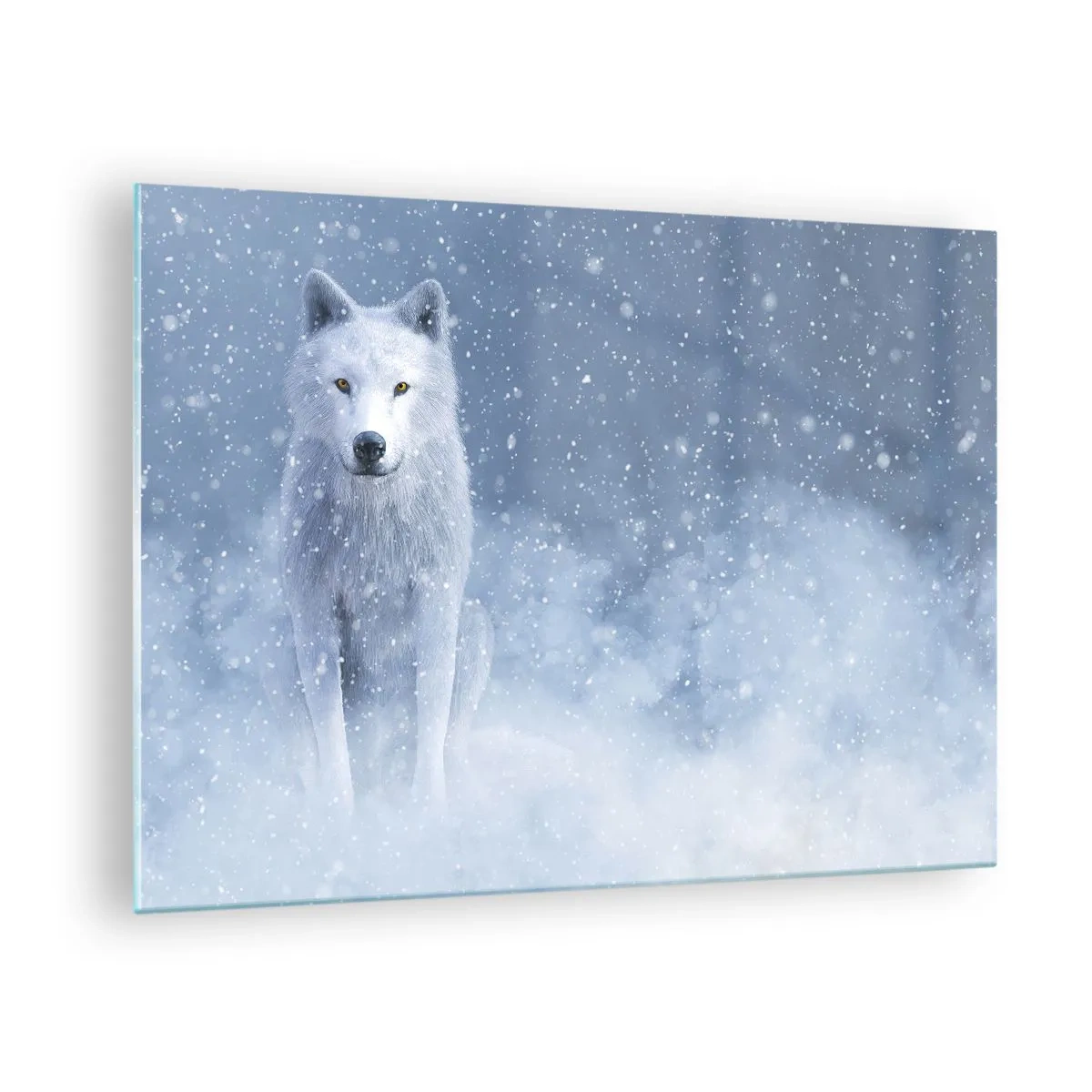 Cuadro sobre vidrio - Impresiones sobre Vidrio - Un lobo blanco en una tormenta de nieve mirando hacia adelante. - 70x50cm - El espíritu del invierno - Decoración de pared moderna para salón y dormitorio ARTTOR