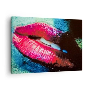 Cuadro sobre lienzo - Impresión de Imagen - Primer plano de unos labios coloridos y brillantes sobre un fondo artístico. - 70x50cm - Sensual e inquietante - Decoración de pared moderna para salón y dormitorio ARTTOR