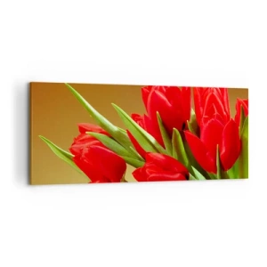 Cuadro sobre lienzo - Impresión de Imagen - Un ramo de tulipanes rojos sobre un fondo dorado con hojas verdes. - 120x50cm - Estallido de alegría primaveral - Decoración de pared moderna para salón y dormitorio ARTTOR