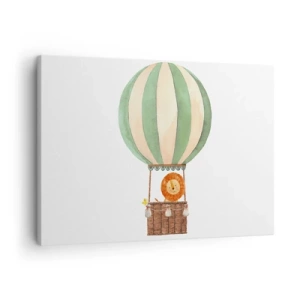 Cuadro sobre lienzo - Impresión de Imagen - Un globo con un león sonriente en una canasta de color pastel. - 70x50cm - Los viajes del león - Decoración de pared moderna para salón y dormitorio ARTTOR
