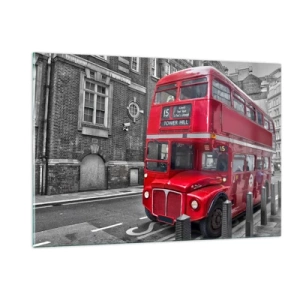 Cuadro sobre vidrio - Impresiones sobre Vidrio - Un autobús rojo de Londres sobre un fondo de calle en blanco y negro. - 120x80cm - El mismo de siempre - Decoración de pared moderna para salón y dormitorio ARTTOR