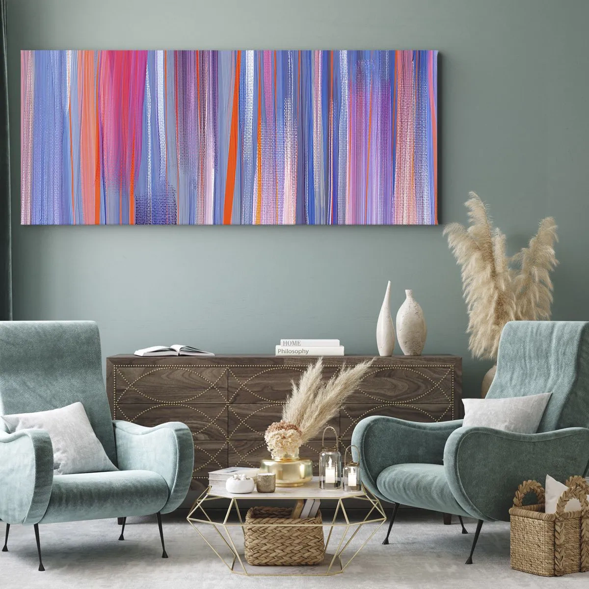 Cuadro sobre lienzo - Impresión de Imagen - Líneas verticales abstractas en tonos azul y rosa. - 120x50cm - Ascensión - Decoración de pared moderna para salón y dormitorio ARTTOR