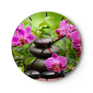 Reloj de pared - Reloj de vidrio - Piedras negras y orquídeas rosas sobre un fondo verde. - 30x30cm - Una pirámide de paz - Decoración de pared moderna para salón, cocina y dormitorio ARTTOR