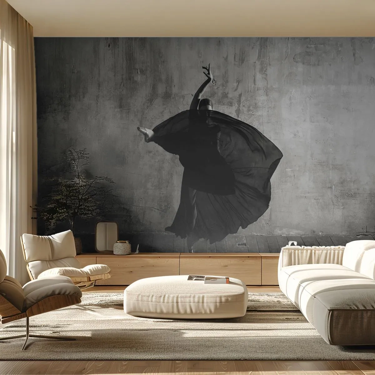 Fotomural Premium Sand - Fotografía en blanco y negro de una mujer bailando. - 100x70cm - Cargada de pasión - Decoración de pared moderna para salón y dormitorio ARTTOR
