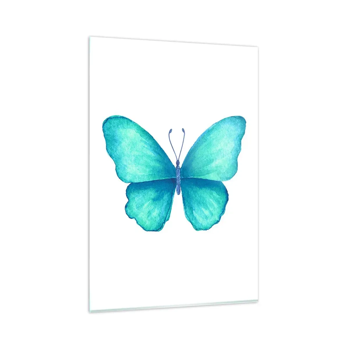 Cuadro sobre vidrio - Impresiones sobre Vidrio - Mariposa azul en estilo acuarela sobre fondo blanco - 80x120cm - Turquesa por naturaleza - Decoración de pared moderna para salón y dormitorio ARTTOR