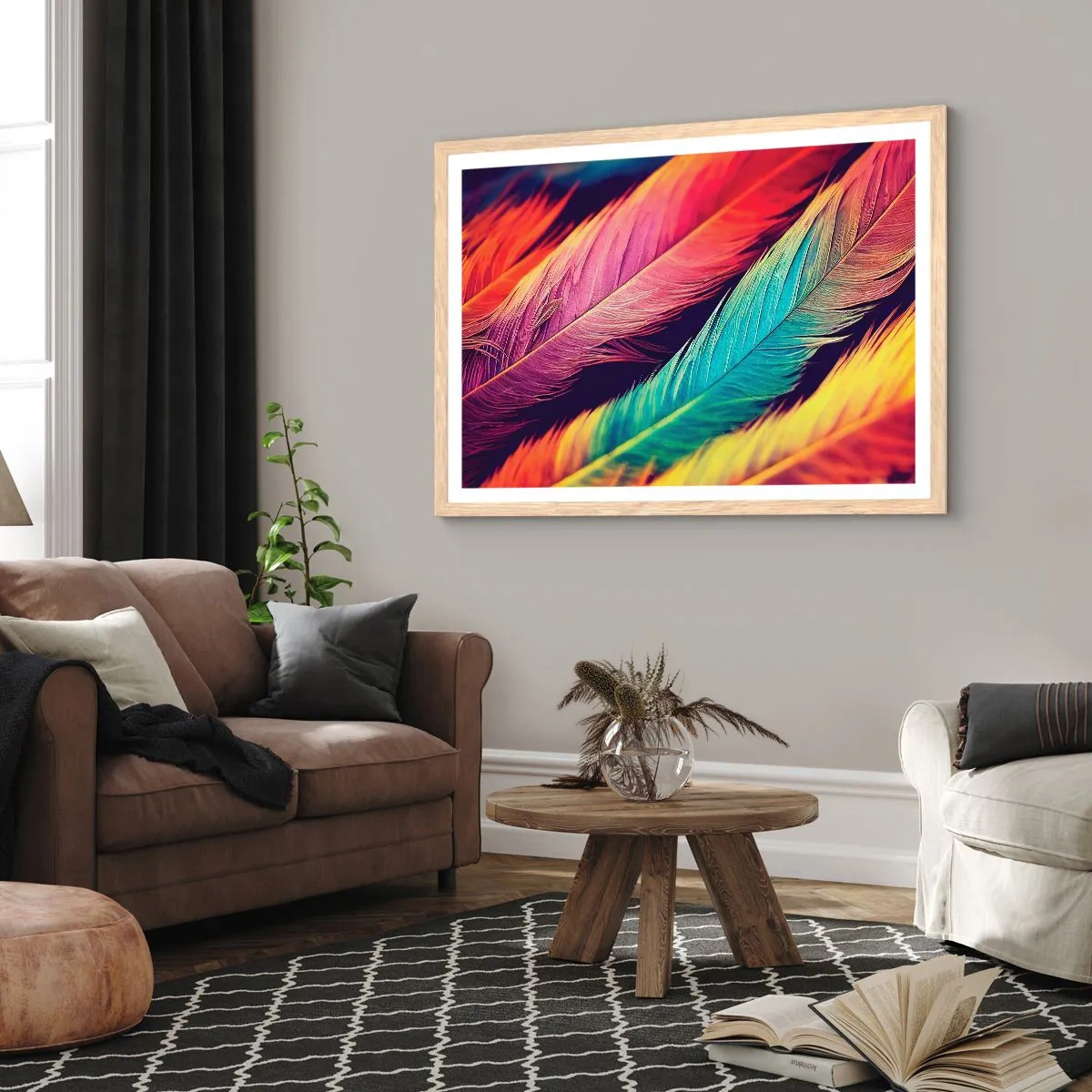 Póster en marco roble claro - Arco iris plumoso - 100x70 cm