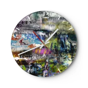 Reloj de pared - Reloj de vidrio - Collage abstracto en varios colores con inscripciones. - 30x30cm - Un collage de recuerdos - Decoración de pared moderna para salón, cocina y dormitorio ARTTOR