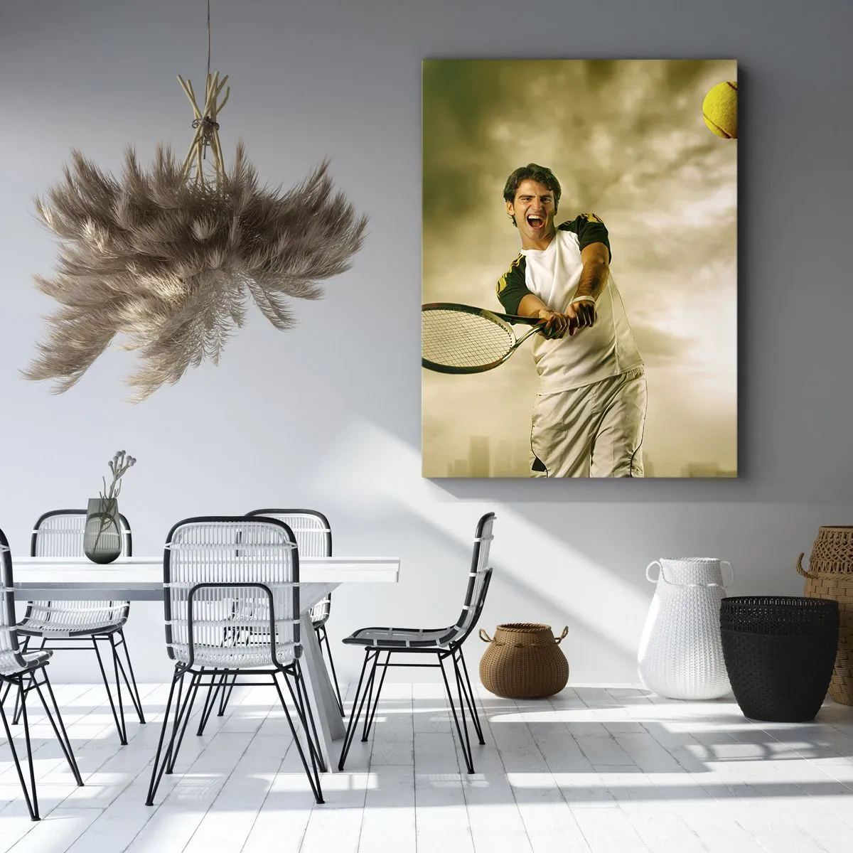 Cuadro sobre lienzo - Impresión de Imagen - Jugador de tenis en acción durante un partido con el telón de fondo de un paisaje urbano. - 50x70cm - Energía y alegría - Decoración de pared moderna para salón y dormitorio ARTTOR