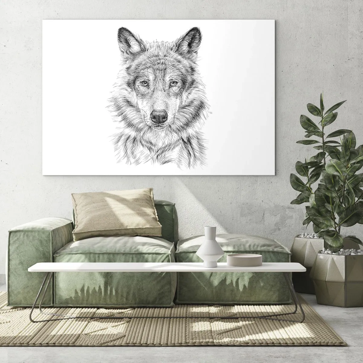 Cuadro sobre vidrio - Impresiones sobre Vidrio - Boceto en blanco y negro de la cabeza de un lobo sobre un fondo blanco. - 70x50cm - Un líder nato - Decoración de pared moderna para salón y dormitorio ARTTOR
