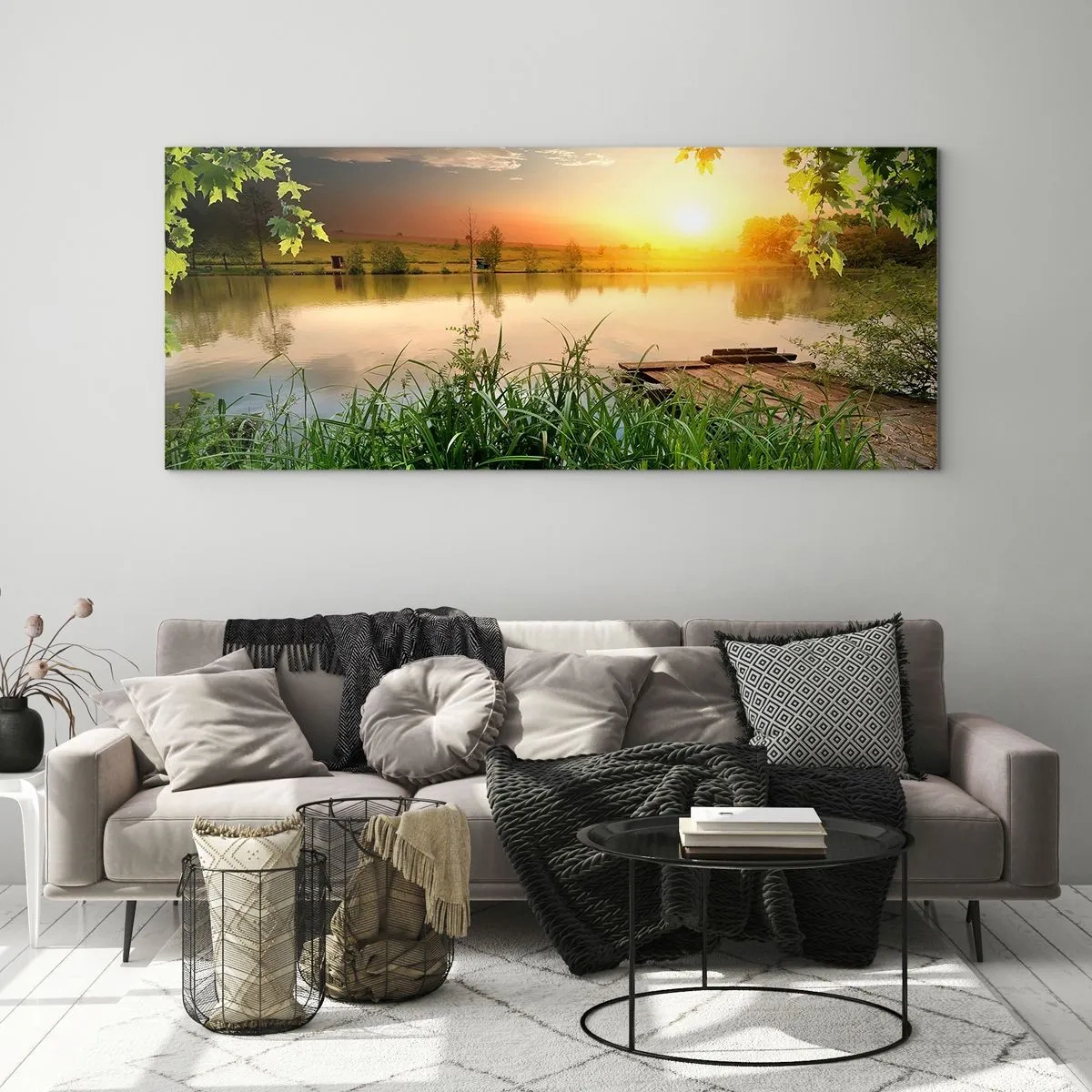 Cuadro sobre vidrio - Impresiones sobre Vidrio - Paisaje verde con un lago al atardecer - 120x50cm - Paisaje en un marco verde - Decoración de pared moderna para salón y dormitorio ARTTOR