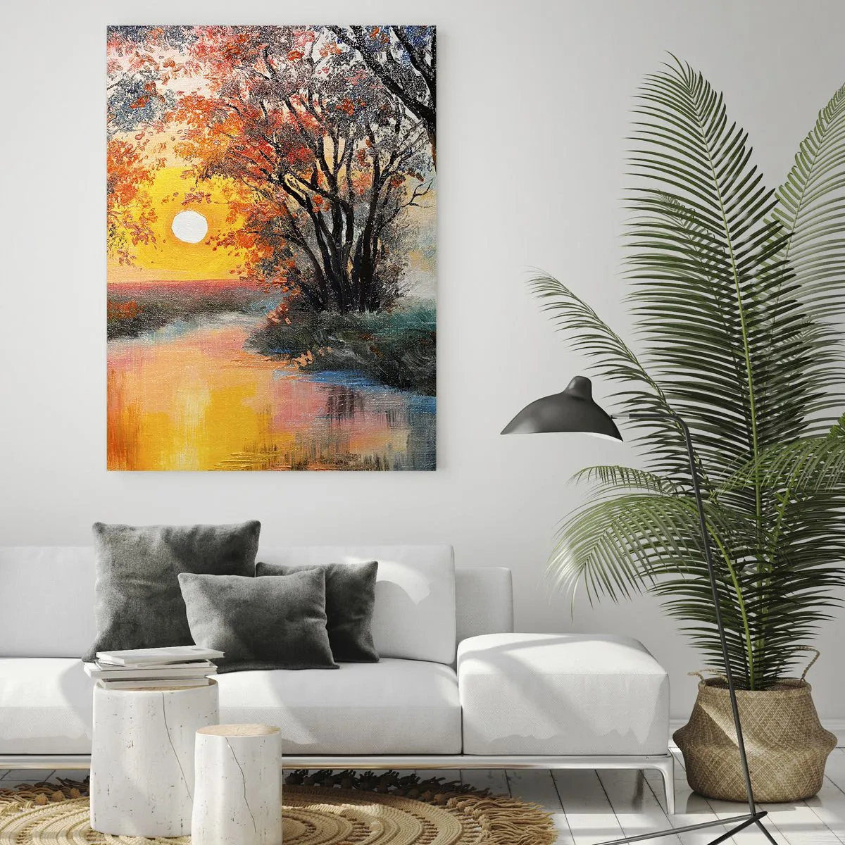 Cuadro sobre vidrio - Impresiones sobre Vidrio - Puesta de sol sobre el río en un paisaje otoñal - 80x120cm - Ambiente otoñal - Decoración de pared moderna para salón y dormitorio ARTTOR
