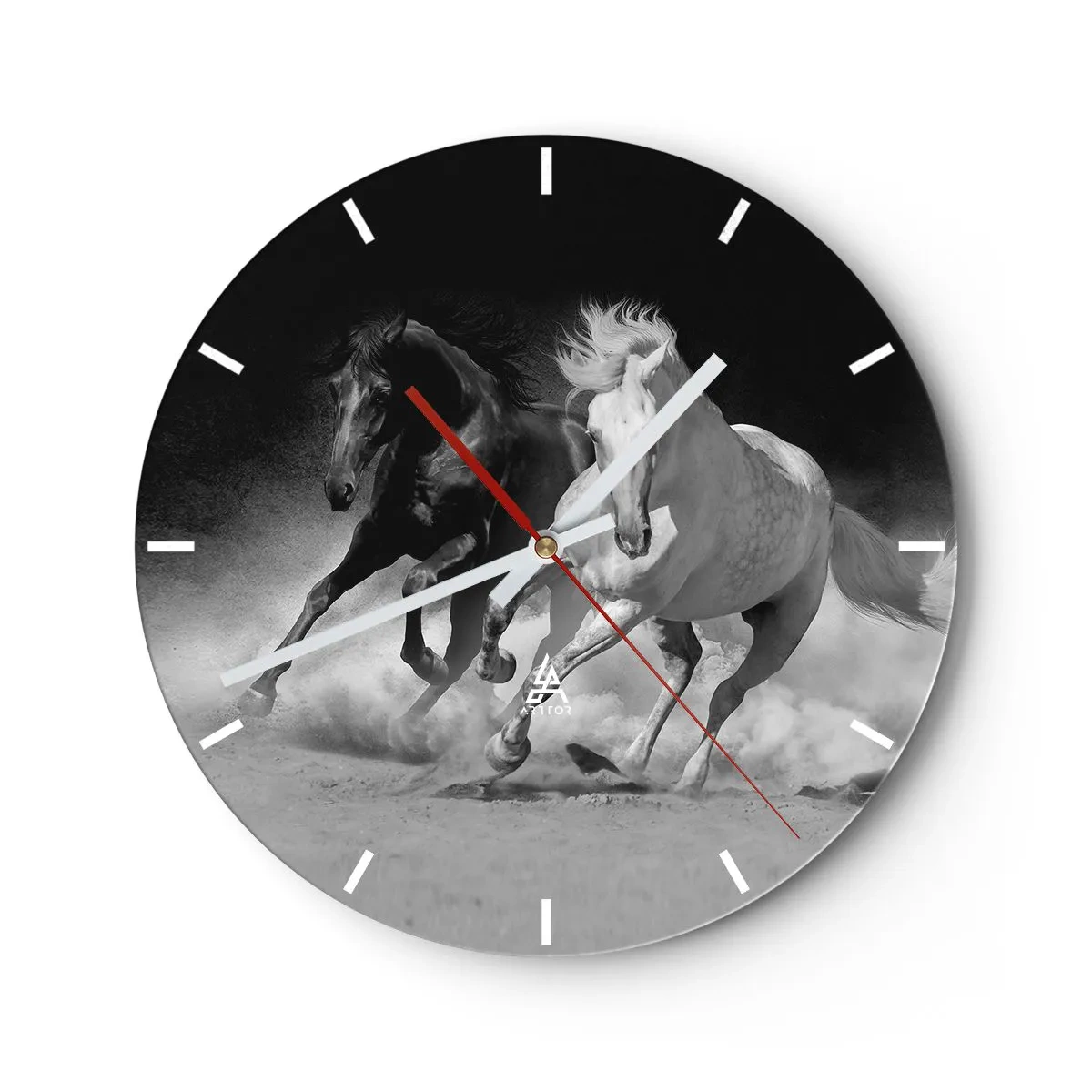 Reloj de pared - Reloj de vidrio - Un motivo en blanco y negro de caballos al galope sobre un fondo polvoriento. - 30x30cm - El galope de la libertad - Decoración de pared moderna para salón, cocina y dormitorio ARTTOR