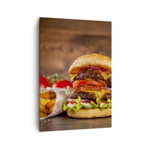 Cuadro sobre lienzo - Impresión de Imagen - Apetitosa hamburguesa con extras - 50x70cm - Fruta prohibida - Decoración de pared moderna para salón y dormitorio ARTTOR