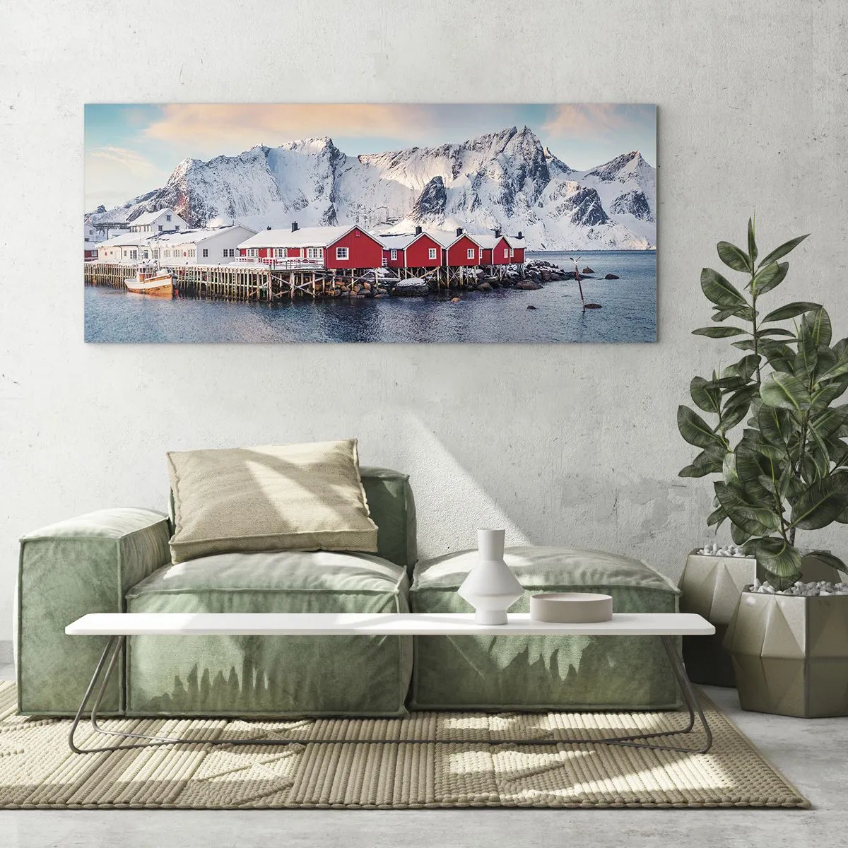 Cuadro sobre vidrio - Impresiones sobre Vidrio - Casas rojas con el telón de fondo de montañas nevadas y el mar azul. - 120x50cm - Un retiro en el norte - Decoración de pared moderna para salón y dormitorio ARTTOR